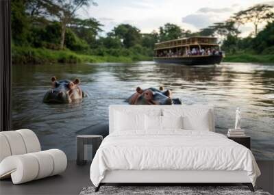 Three hippos swimming in a river with a boat of tourists in the background. Wall mural