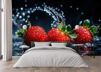 Three strawberries splashing in water, showcasing freshness and vitality. Wall mural