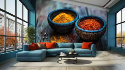 Two bowls of vibrant spices on a wooden surface, showcasing culinary ingredients. Wall mural