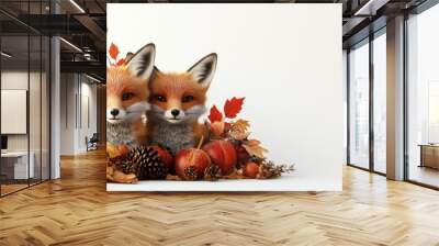 Two cartoon foxes among autumn leaves and pumpkins, creating a cozy seasonal scene. Wall mural