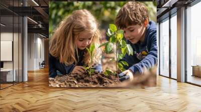 Two children planting young saplings in a garden, promoting environmental awareness. Wall mural