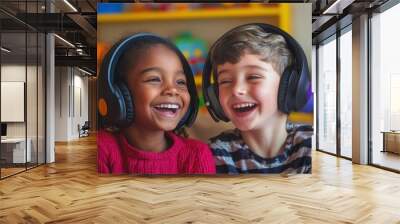 Two children wearing headphones, joyfully laughing together in a colorful playroom. Wall mural