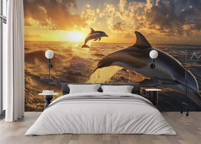 Two Dolphins Leaping Through Golden Sunset Waves Wall mural