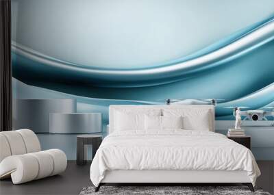 Two drones displayed on sleek surfaces with a smooth blue backdrop. Wall mural