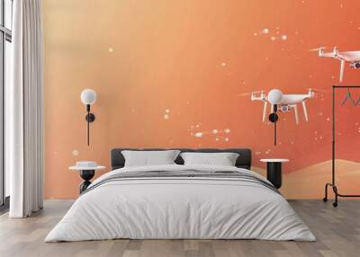 Two drones flying against a gradient orange background, suggesting technology and innovation. Wall mural