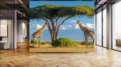 Two giraffes standing under a tree with a mountain in the background. Wall mural