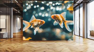 Two goldfish swimming amidst shimmering water and aquatic plants. Wall mural