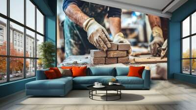 Two individuals working with bricks and tools in a workshop, focusing on construction. Wall mural