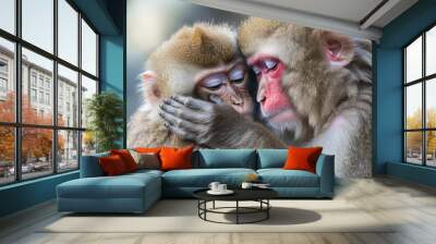 Two monkeys embracing, showcasing affection and connection in nature. Wall mural