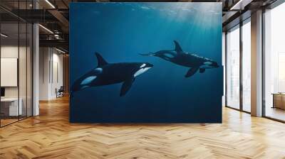 Two orcas swimming gracefully in deep blue water, illuminated by sunlight. Wall mural