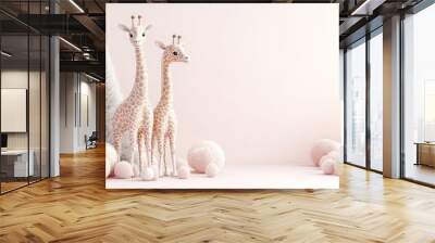 Two stylized giraffes amidst soft pastel decorations and trees in a whimsical setting. Wall mural