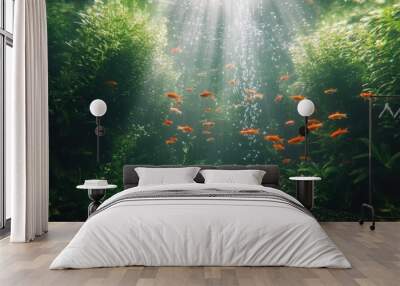 Underwater scene with orange fish swimming through lush aquatic plants and sunlight beams. Wall mural