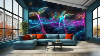 Vibrant seedlings emerging from soil, illuminated with colorful lights. Wall mural