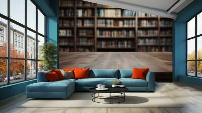 Wooden Tabletop Against Blurred Bookshelf Background Wall mural