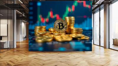 Bitcoin gold coins and trading chart  Wall mural