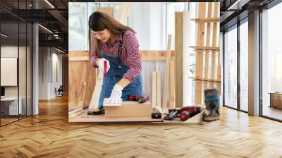 Asian handywoman apprentice working in a workshop Wall mural