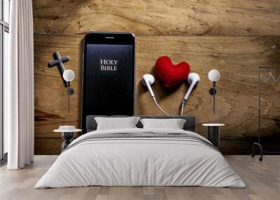 Bible app in smart phone, symbol of christian is love and read and listen to the voice of God, christian concept. Wall mural