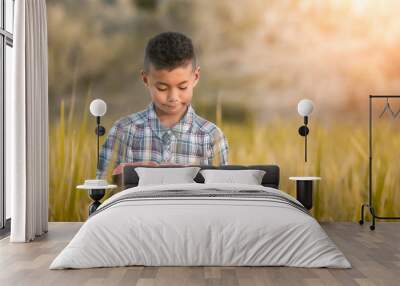 Boy standing and reading book or bible in rice field. young christian concept. Wall mural