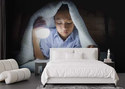 Christian boy reading and searching bible under the covers at night. focus at face. Wall mural