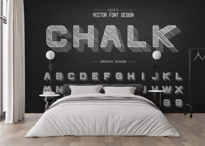 Chalk shadow round font and alphabet vector, Pencil sketch design typeface letter and number Wall mural