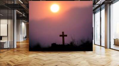 The cross standing with light sunset background. christian silhouette concept Wall mural