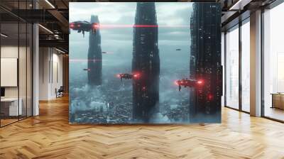 Futuristic Cityscape with Flying Vehicles and Towers Wall mural