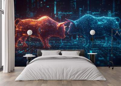 Futuristic Financial Showdown, a dynamic scene of a glowing bull and bear in neon mesh, set against a dark blue and teal background with vibrant financial charts and data. Wall mural