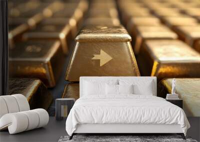 Golden Ingots Display, showing a close-up of a row of gleaming gold bars with an arrow symbol, representing wealth, value, and the allure of precious metals. Wall mural