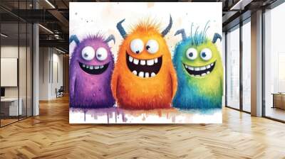 Joyful Halloween Creatures, adorable monsters with oversized smiles, vibrant colors, celebrating the festive spirit with charm and whimsy. Wall mural