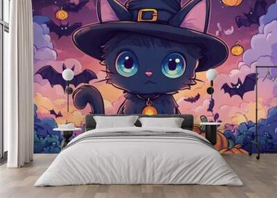 Kawaii-inspired pastel vector illustration of a cheerful black cat character Wall mural