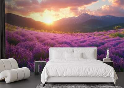 Lavender Blooming Field with Majestic Mountains, a vibrant expanse of lavender under warm sunlight, framed by towering mountains, creating a serene and picturesque landscape. Wall mural