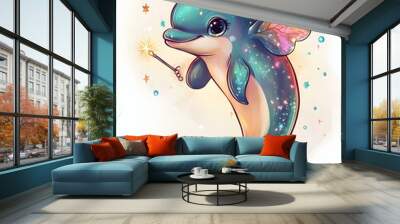 Magical dolphin with glittering wings, holding a sparkling wand, surrounded by stars and bubbles, showcasing a whimsical underwater fantasy world. Wall mural