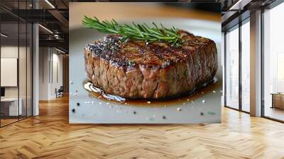 Plant-based steak on a sleek plate, set against a minimalist home interior, showcasing modern dining aesthetics and a sustainable lifestyle choice. Wall mural