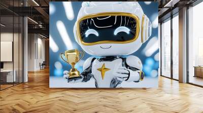 Triumphant Robot, A futuristic robot proudly holds a trophy, symbolizing achievement and celebration in a vibrant, dynamic environment. Wall mural