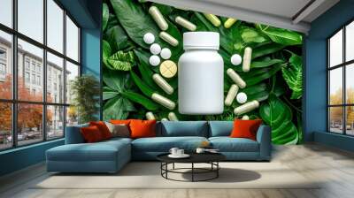 Vibrant bottle of health supplements nestled among lush greenery, showcasing a holistic approach to wellness and vitality. Wall mural