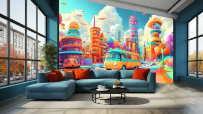 Vibrant dream cityscape, whimsical buildings in bright colors, a retro bus navigating colorful streets, floating objects and playful clouds create a surreal atmosphere. Wall mural