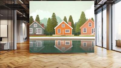 Vibrant Eco-Homes, A lively depiction of three colorful minimalist houses nestled in lush greenery, highlighting the emotional bond with sustainable living and eco-friendly choices. Wall mural