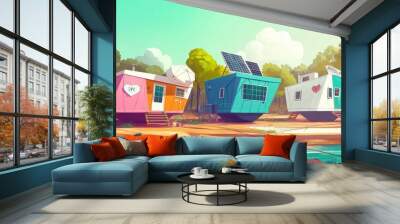 Vibrant Eco-Homes in Nature, showcasing three colorful eco-houses surrounded by lush greenery, emphasizing the significance of renewable energy and sustainable living practices. Wall mural