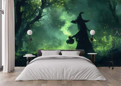 Witch concocting a vibrant potion in a shadowy, enchanted forest, surrounded by ancient trees, glowing mushrooms, and swirling mist, with a cauldron bubbling under the moonlight Wall mural