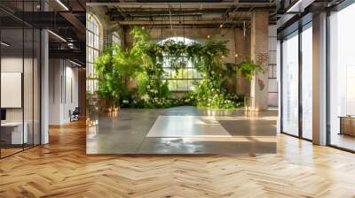 A contemporary industrial wedding scene with exposed brick and greenery, wedding, ceremony, urban materials Wall mural