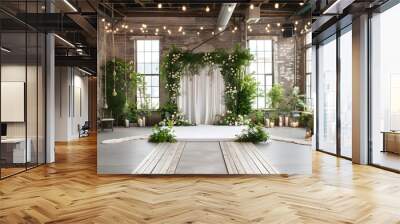 A contemporary industrial wedding scene with exposed brick and greenery, wedding, ceremony, urban materials Wall mural