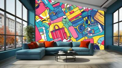 A playful clip art background featuring a variety of retail products, including clothing, accessories, and household items, in a vibrant and modern graphic style Wall mural