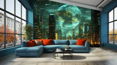 Business visuals with a futuristic twist, including cityscape, digital interfaces, and geometric patterns, concept of global reach Wall mural