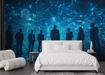 Group of executives in silhouette with a futuristic digital network overlay, business strategy and innovation Wall mural