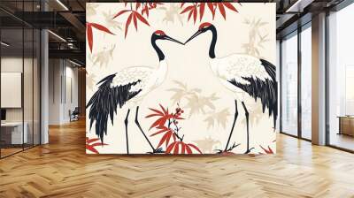 Japanese seamless pattern featuring cranes and bamboo in a retro style, ideal for textile and background designs Wall mural