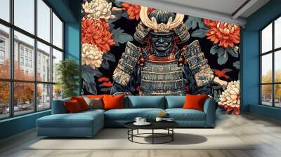 Japanese seamless pattern with samurai armor and chrysanthemum, blending retro style and traditional culture into a decorative design Wall mural