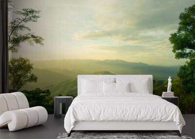 The longitudinal mountains and the setting sun and the forest on Doi Tung Wall mural