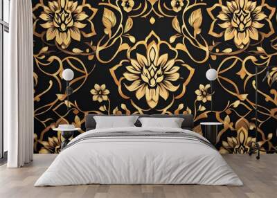 Traditional Thai seamless pattern featuring gold floral motifs and geometric details, perfect for luxurious decor Wall mural