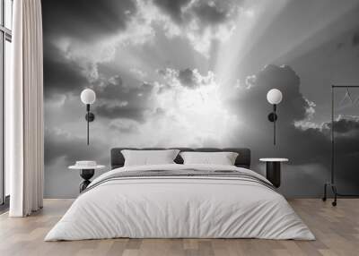 black and white dramatic landscape with cloudy sky at sunset Wall mural