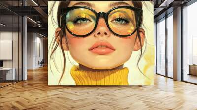 A beautiful girl with glasses, wearing a yellow turtleneck and blue eyes, illustrated in detailed digital art with an anime character style. Wall mural